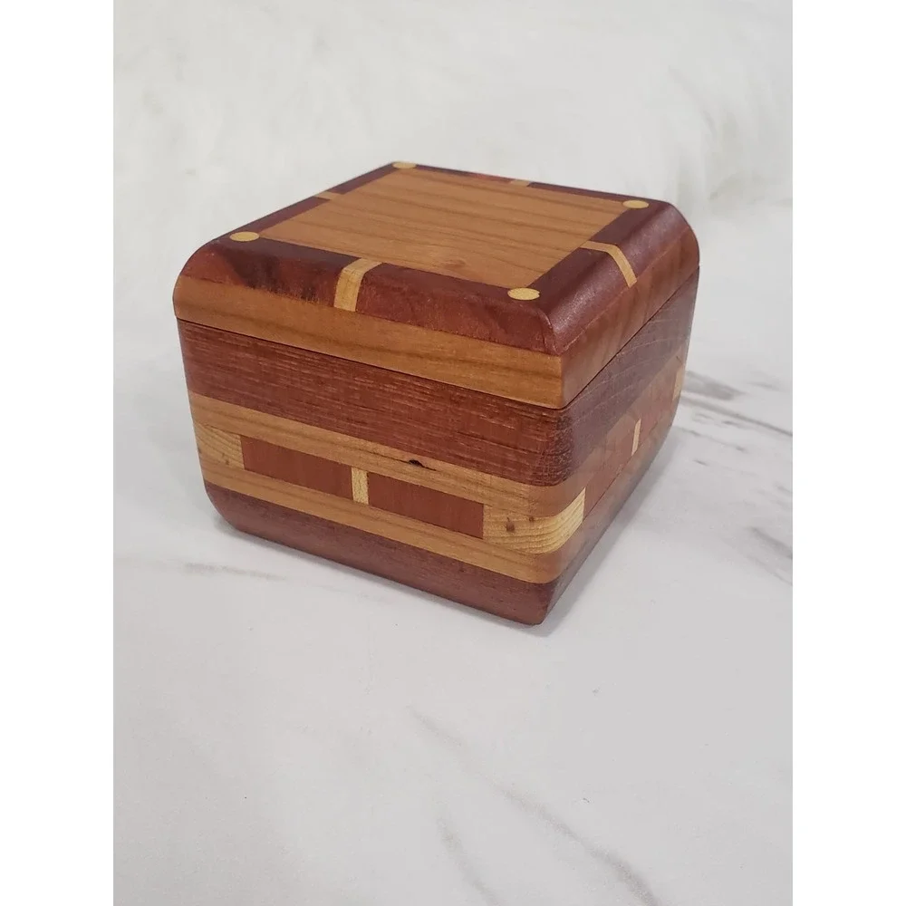 Trinket Storage box inlaid wood SWING OPEN LID MCM Vintage Pill Box Vanity
